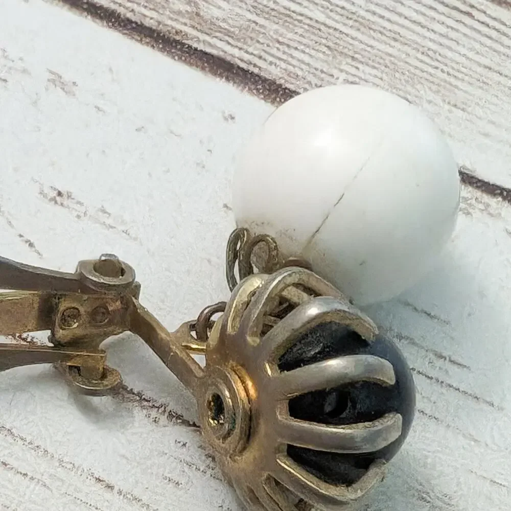 Vintage Clip On Earrings Large Chunky Black and Off White Dangle
